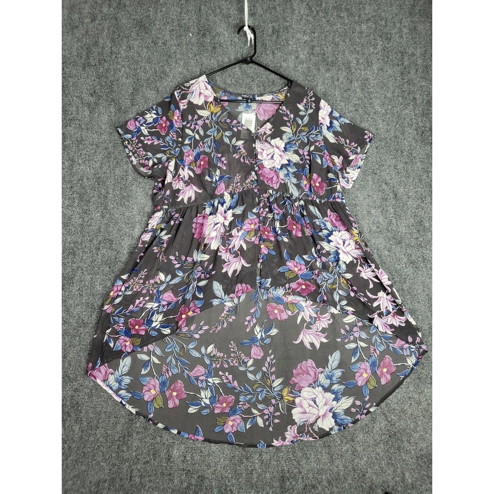 Torrid‎ Top Womens 2X Black Purple Floral Chiffon Hi-Lo Babydoll Blouse Casual